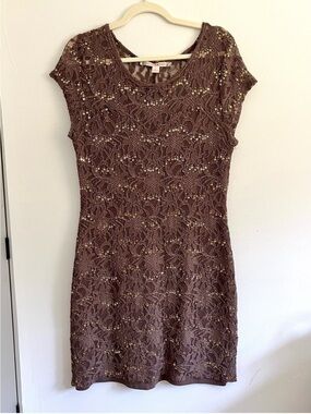 Chelsea & Violet Brown Lace Gold Sequin Sheath Mini Dress 90’s Grunge Romantic L